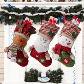 Santa Stocking Set of 3 Christmas Stocking Fireplace 46 cm Santa Stocking for Filling Snowman Elk Santa Christmas Socks for Hanging Family Decorations Hanging Ornament (Red and Green)
