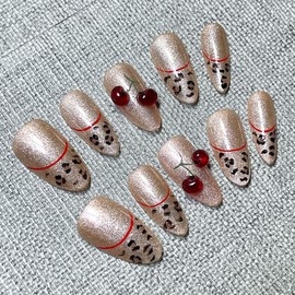 Handmade Press-On Nails, French Tip Press-On Nails, Handcrafted Leopard Print Nails with 3D Cherry Design, Reusable Hand-Painted Nails, Including Tool Kit, 10 Pieces (SHN2-M, Medium)