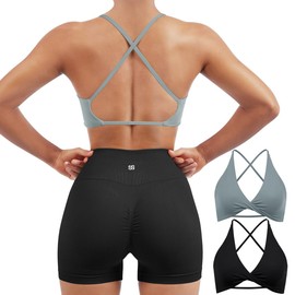 SUUKSESS Women 2 Piece Open Back Strappy Sports Bra Pack Twist Front V Neck Padded Workout Crops (#2 Black & Grey, XS)
