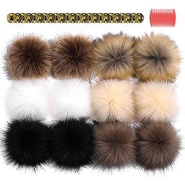 10 cm Faux Fox for Pompoms for Hats, Pack of 12 Fur Pompoms with Press Stud, Bobble for Hat, Fur Pompom, Faux Fur Bobble for Key Pendants, Bag, Hats, Pendants, DIY, Classic Style