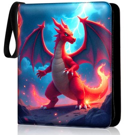 Premium Card Trading Binder, Orange Dragon with Fire & Lightning PU Leather, 900, Card Capacity, 50 Double Sided 9 Pocket Sleeves, 3 Ring Metal Binder, Zipper & Handle Design
