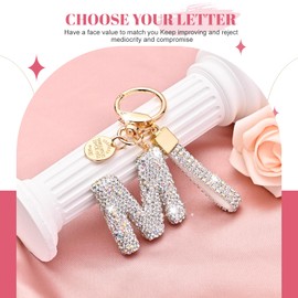 Initial Letter Keychain for Women Girls, Bling cute KeyChain for Car Key Accessories Lanyard and Backpack Bag，Perfect Gift (White-M)