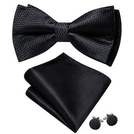 Barry.Wang Black Bow Tie Set Men Striped Silk Pre-Tied Bowtie Pocket Square Cufflinks Formal Wedding Party Prom