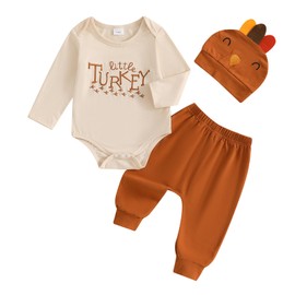 Socutebabe My First Thanksgiving Baby Boy Outfit Infant Little Turkey Hat Bodysuit Pants Newborn 1st Thanksgiving Outfits (Little Turkey Khaki Brown, Newborn)