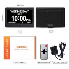 7'' Digital Clocks, 12 Reminders & 6 Alarms, Dementia Clock with Date and Time for Elderly, Auto-Dimming, Button & Remote Control, Auto DST, Digital Calendar for Seniors Large Display, Black Woodgrain