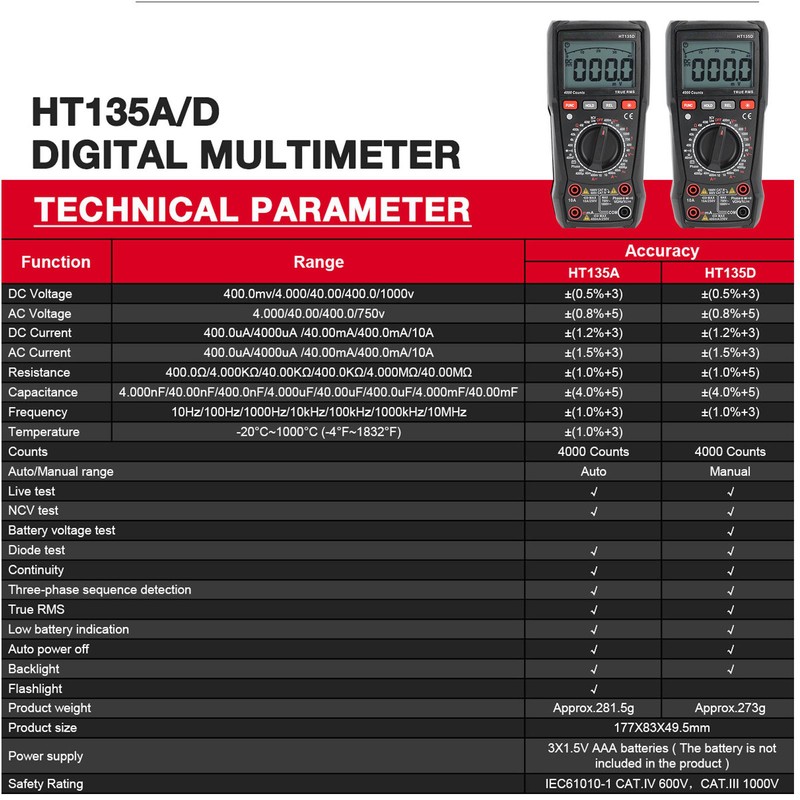 HT135D Digital Multimeter 4000 Counts Electrical Tester for AC DC