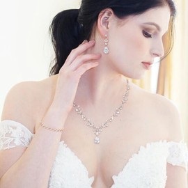 BriLove Gorgeous Wedding Jewelry Set for Women Bride Cubic Zirconia Marquise Teardrop Leaf Cluster Y-Necklace Dangle Earrings Link Bracelet Set Clear Rose-Gold-Tone