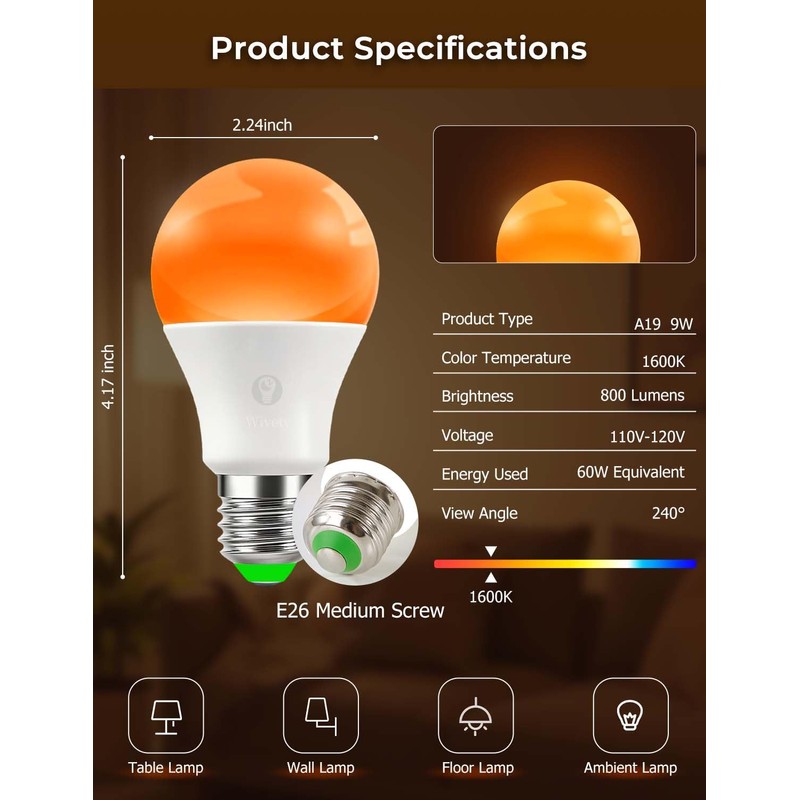 Wivety Sleep Light Bulbs Amber 1600K with Remote Control, E26