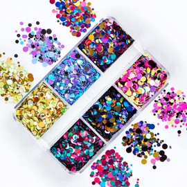 Mygitter Nail Art 3D Circle Sparky Sequin Holographic Glitter Nail Flake Colorful Mixed Size Round Accessories Confetti Design Eye DIY Decoration for Women 6 Grids