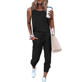 PRETTYGARDEN Women's Two Piece Outfit Sets Casual Summer Sleeveless Crewneck Tops and Sweatpants Active Tracksuit Lounge Wear (Black,XX-Large)