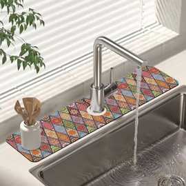 Sink Faucet Absorbing Mat Bohemian Textile Rug Texture Sink Splash Guard Drying Mat for Kitchen Bathroom Faucet Sinkmat 23.5"X5.5"