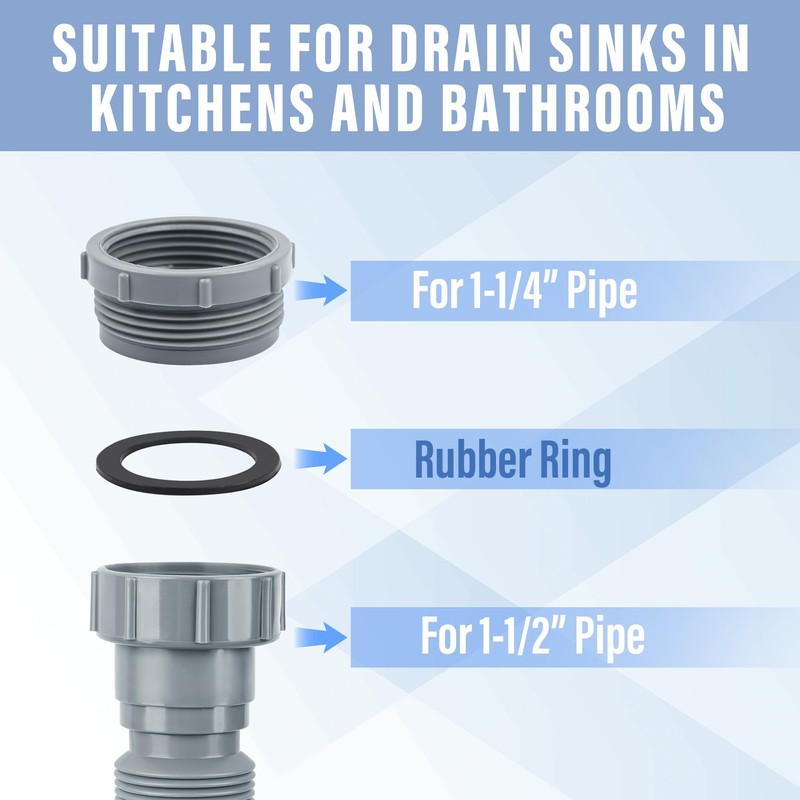 Flexible P-Trap for Kitchen Sink, 1-1/2 and 1-1/4 inch Drain
