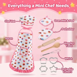 WEILAIDI 11PCS Kids Baking Set for Girls Ages 3-8, Toddler Chef Hat and Adjustable Apron Pretend Play Toys, Machine Washable Kitchen Cooking Set with Cookie Cutters, Gift for Little Chefs