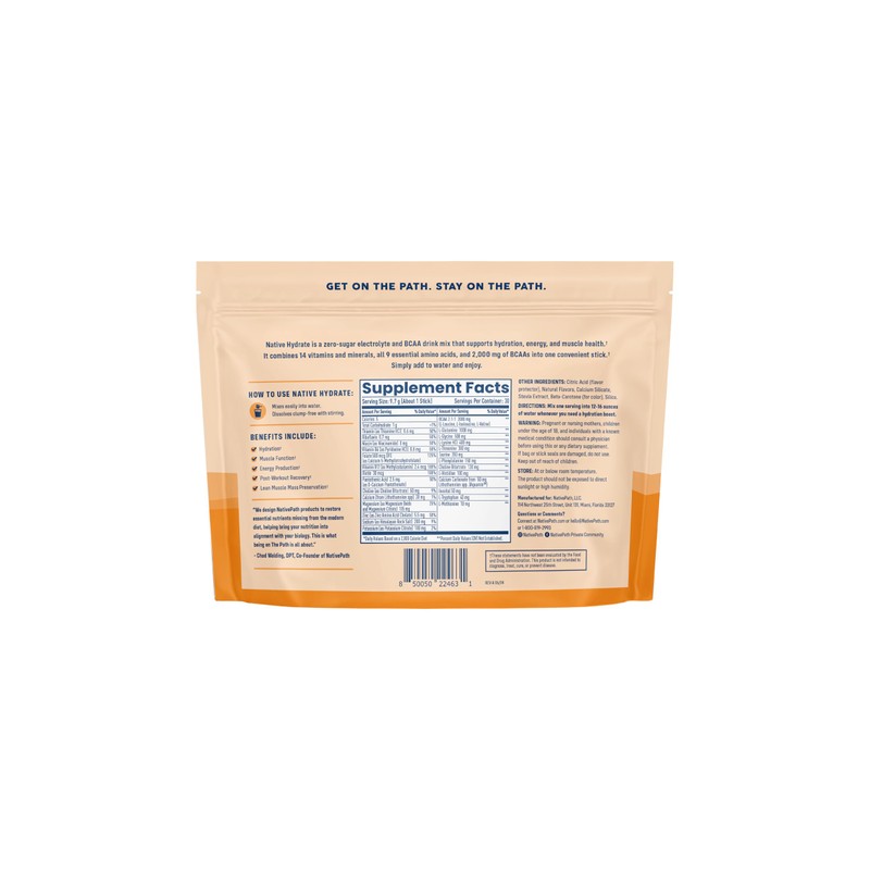 NativePath Native Hydrate Stick Packs, Sugar Free Electrolytes Powder with