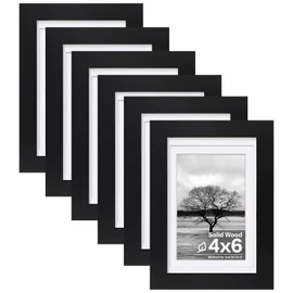 Egofine 4x6 Set of 6, Made of Solid Wood Covered by Plexiglass 3x4.5 and 3.5x5 with Mat or 4x6 without Mat, for Table Top Display and Wall Mounting Photo Frame, Black