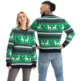 Men憇 Ugly Christmas Sweater Unisex Women`s Funny Novelty Fairisle Pullover for Party Reindeer on Repeat Green Large