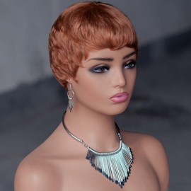 TSHELOVE Pixie Cut Wig Human Hair for Black Women 30# Chocolate Brown Short Wigs Human Hair Glueless Wig with Bangs Brazilian Real Human Hair Layered Haircut Wigs Full Machine Made Wig