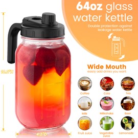 2-Pack 64 oz Glass Mason Jar Pitchers with Leak-Proof Twist Lids – Extra-Wide Mouth & Measurement Marks – Black