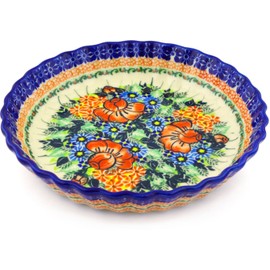 Polish Pottery 9¾-inch Fluted Pie Dish (Bold Poppies Theme) Signature UNIKAT + Certificate of Authenticity
