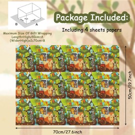 Safari Animal Wrapping Paper,Jungle Gift Wrap Paper For Baby Boys Girls,Colorful Tropical Woodland Wrapping Paper 4 PCS For Birthday Baby Shower Holiday Scrapbooking Craft DTY,20 x 28 Inch Per Sheet