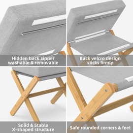 BAMBOOHOMIE Foldable Foot Stool Ottoman, Modern Foot Rest with Bamboo X Legs & Thick Foam Cushion, Folding Foot Stools Small Padded for Bedroom Living Room, Makeup Vanity Stool Chair (Natural - Grey)
