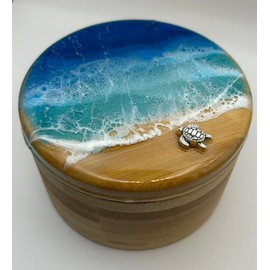 Ocean Resin Art Bamboo Salt Box, Salt Cellar, Bath Salt Container, Storage Box, Herb, Salt, Pepper, Sugar, Spices Storage Box with Magnetic Swivel Lid, Spoon and Turtle Charm