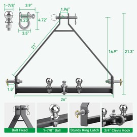 3 Point Trailer Hitch with 1-7/8“ Towing Balls, 3 Point Hitch Receiver Tractor Drawbar Hitch for Category 1 Tractors Attachments for Drawbar Hitch Tractor, Farm Equipment