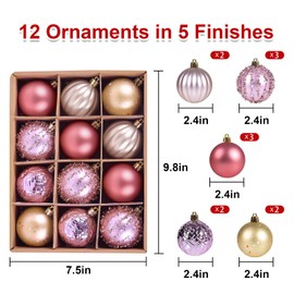 Beinhome 12pcs 6cm Christmas Baubles ornament set ChristmasTree Decorations, Red Pink and Gold Christmas Tree Baubles Shatterproof Plastic Hanging Ball Bulk for Xmas Home Party Festival Decor