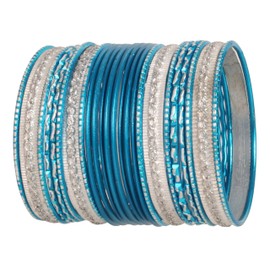 NEW! Touchstone Indian Bollywood Handcrafted Laser Cut Grain Work Charming Look Turquoise Color Silver Sparkles Designer Jewelry Bangle Bracelets Set Of 24 In Silver Tone For Women.