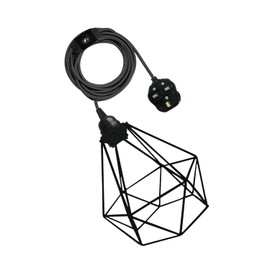 LEDSone Vintage Industrial Diamond Shape Metal Cage Pendant lamp Light for Kitchen Area, Dining Room, 4 Meters of Fabric Cable with Dimmer Switch, 3 Pin Plug in Lamp E27 Fitting (Black)