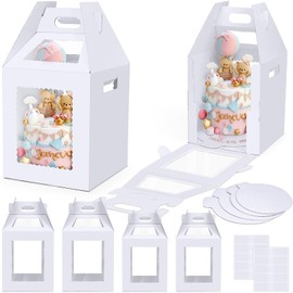 Naleyber Tall Cake Boxes for Tier Cakes with Cake Boards 4 Pack 10 & 12 Inch Disposable Large Tiered Cake Carrier Take Out Containers with Window for Wedding Birthday Bakery Cake Safe Transport Box