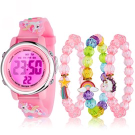 NEWITIN 4 Pieces Girls Watch Bracelets Set Multifunctional 7 Color Lights Digital Sport Alarm Stopwatch 3D Waterproof Unicorn Watch Jewelry Set for Girls 3-10 Years Old Kids