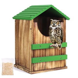 Owl House, Wood Screech Owl House Bird Box with Shavings Owls Boxes for Outside, Owls Nesting Box with Perch Stand & Mounting Kit for Wildlife Habitat Shelter Lovers (Green) 13.5x7.5x8.7in