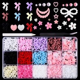 Lifextol 1000pc Pink Bow Nail Charms and Gems 3D Flower Nail Charms for Nails Design Press on Nails Art Charms, Resin Junk Case Charms Bulk Acrylic Pearl Nail Charms Heart for Fake Nails Supplies-D