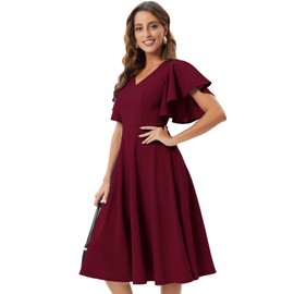 Bridesmay Plus Size Semi Formal Dresses Ruffle Sleeve Tea Party Dress Vintage Swing Cocktail Dress Flared Bridesmaid Dress Burgundy 3XL
