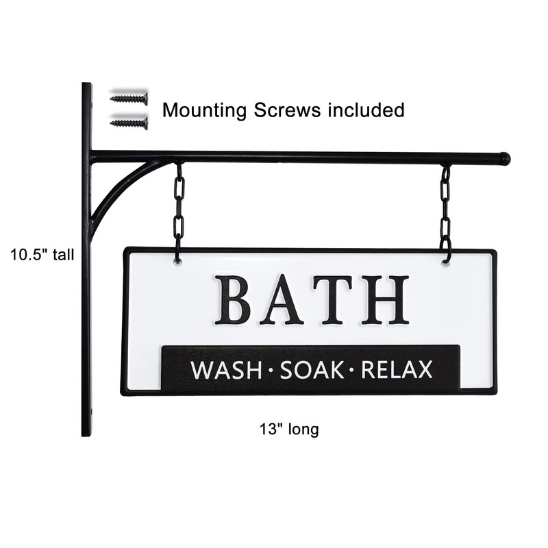 Double-Sided Bathroom Door Hanging Sign, Embossed Black on White Enamel