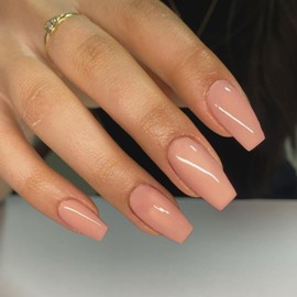 Coral Pink Press on Nails Long Square, KXAMELIE Medium Coffin Nails Press ons Long Glue on Nails Natural Thick Fake Nails Acrylic Reusable 24 Solid Color for Women