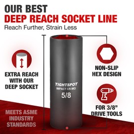 TIGHTSPOT 3/8 Inch Drive - 5/8 Inch Deep Impact Socket with Anti-Rounding 6 Point Design, Heat-Treated CRMO Steel