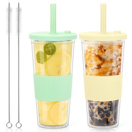 2 x 710 ml Drinking Cups with Lid and Straw, Bubble Tea Cup with Straw, Double-Walled Insulated Plastic Cups, Reusable Tumbler Cups for Coffee Juice, Cup to Go (Beige + Light Green)