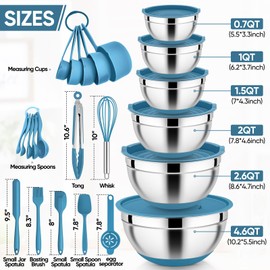 E-far 25PCS Mixing Bowls with Lid Set, Stainless Steel Nesting Prep Bowls with Grater Attachments Non-Slip Bottoms for Cooking, Baking, Serving, Food Storage, 4.6/2.6/2/1.5/1/0.7QT - Blue