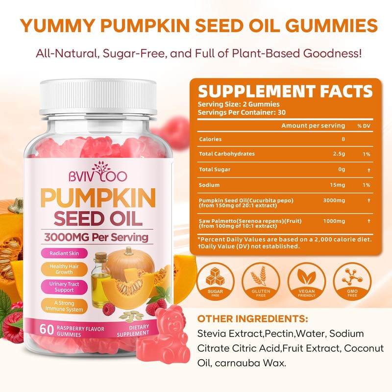 BVIVLOO Pumpkin Seed Oil Gummies with Saw Palmetto, Organic Pumpkin