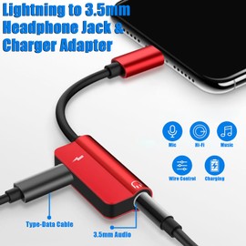 3.5MM Aux Dongle Adapter for Headphone Ear Headphone Jack Splitter Audio Cable Adapter Charger Cord Apple Certified Charging Converter 13 12 11 XS X 8 (Red)