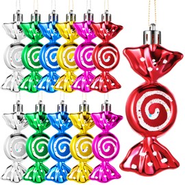 Threan 12 Pieces Christmas Candy Ornaments, Colorful Christmas Tree Candy Cane Ornaments, Hanging Candy Peppermint Ornaments with Gold Ropes for Christmas, Holiday, Festival,