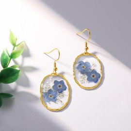 Forget-Me-Not Oval Pendant Earrings | Oval Drop Dangle Earrings for Girls | Pressed Flower Earrings | Commemorative jewelry | Forget-Me-Not Jewelry | Gift for Woman
