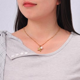 Eigso Gold Stainless Steel Beaded Necklace for Women Starfish Pearl Necklaces for Woman Chain Link Jewelry