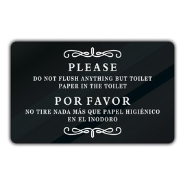 Bilingual Bathroom Sign “Please Do Not Flush Anything Except Toilet Paper” - Durable Acrylic, Easy Mount Restroom Sign with Quick Adhesive - Perfect for Airbnb, Hotels, Septic-Safe Reminder - Black