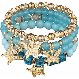 Azusa Sun 4 Pcs Cute Butterfly Charm Light Blue Bracelets Set Gold Beaded Stackable Stretch Bracelets Bohemian Summer Jewelry Gifts for Women