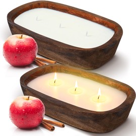 Threlaco 2 Pack Wood Dough Bowl Candle 10 Inch Christmas Candle Decorative 3 Wick Scented Candles Soy Xmas Gifts for Men Women Farmhouse Table Centerpiece Home Decor(Apple and Cinnamon)