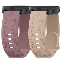 2 Pack Rose Floral Butterfly Engraved Bands for Garmin Vivoactive 5/3/3 Music/Venu/Venu 2 Plus/sq/sq 2/Forerunner 245/645/55 Silicone Elegant Replacement Women Wristbands, Mauve Purple/Beige