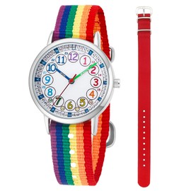 gedaer Kids Analog Quartz Wrist Watch Girls Boys Learning Watch 2pcs Change Interchangeable Textile Strap,Learning Read Time (Rainbow+red)…